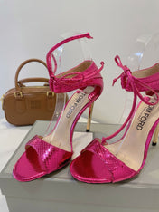 TOM FORD 26S HIGH HEEL SANDALS IN DARK METALLIC PINK SNAKESKIN CALFSKIN