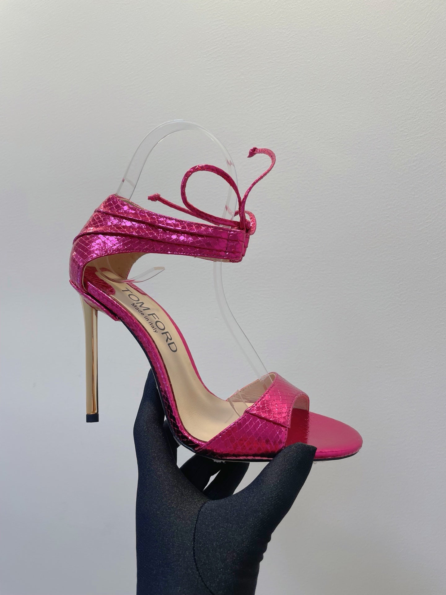 TOM FORD 26S HIGH HEEL SANDALS IN DARK METALLIC PINK SNAKESKIN CALFSKIN