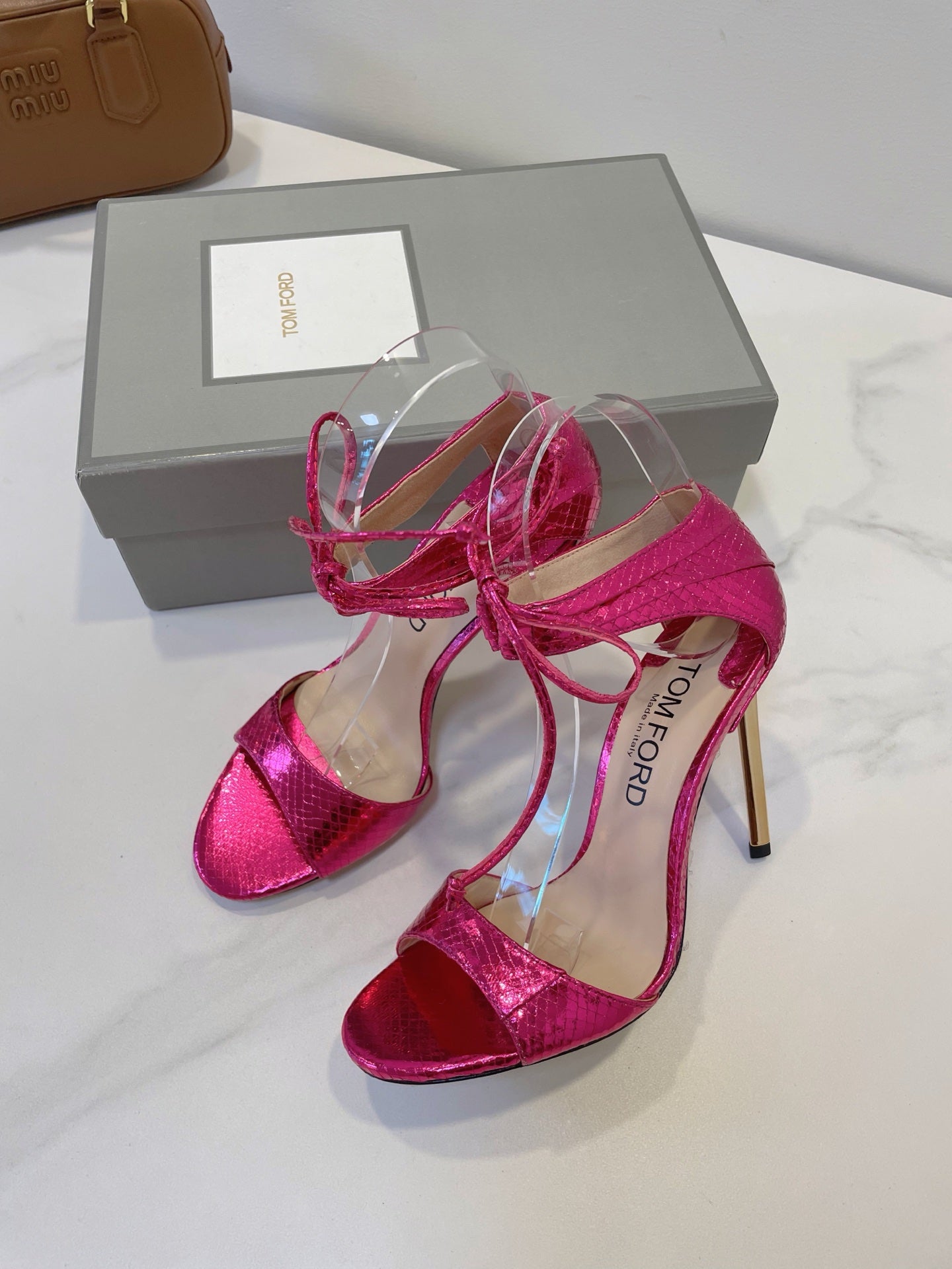 TOM FORD 26S HIGH HEEL SANDALS IN DARK METALLIC PINK SNAKESKIN CALFSKIN