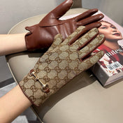 HORSEBIT GLOVES IN BEIGE MONOGRAM JACQUARD FABRIC MIX RED BROWN SHEEPSKIN 456332