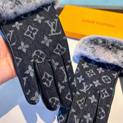 FINGERLESS GLOVES IN BLACK MONOGRAM DENIM AND LAMBSKIN WITH RABBIT FUR 458590