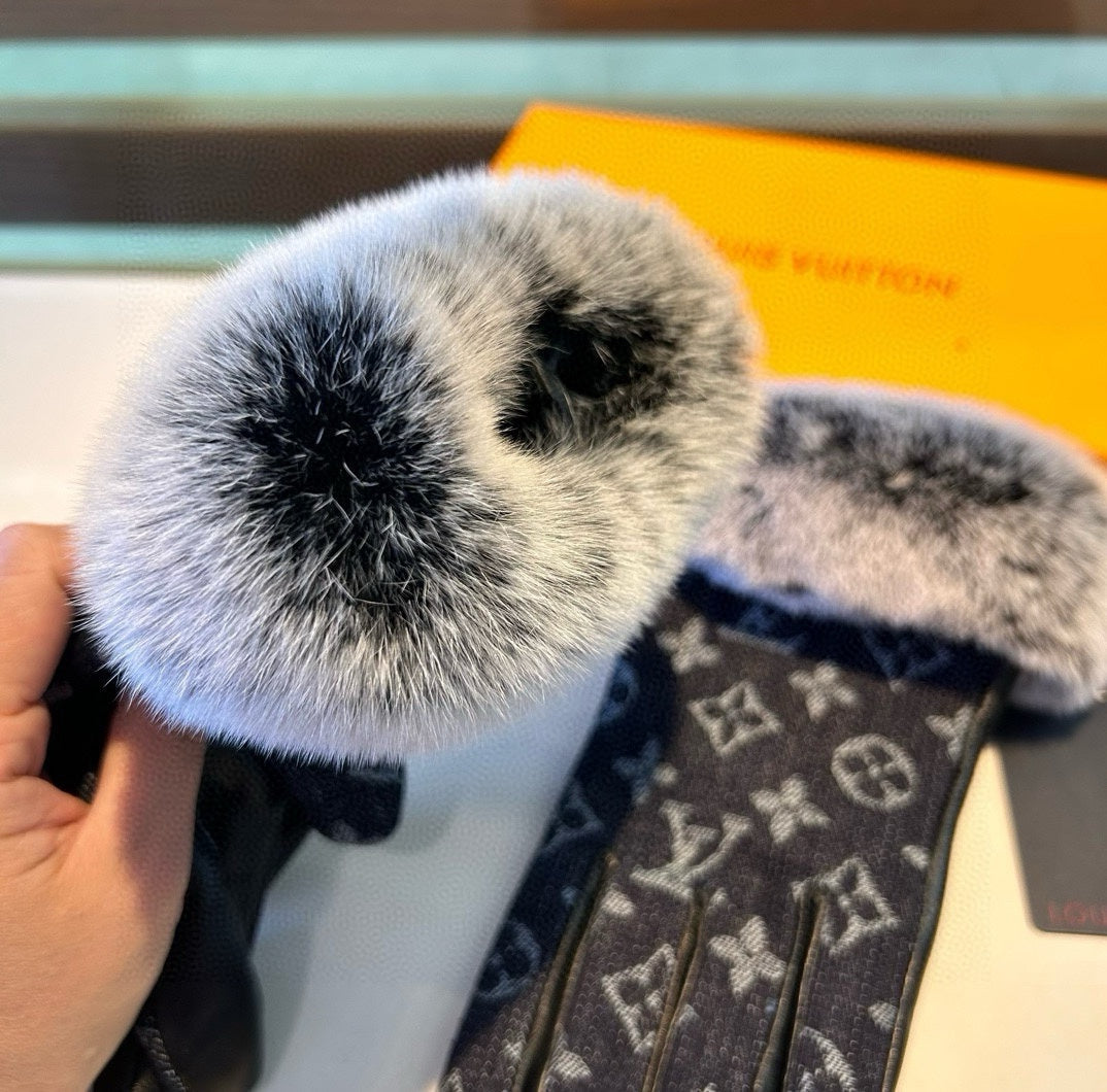 FINGERLESS GLOVES IN BLACK MONOGRAM DENIM AND LAMBSKIN WITH RABBIT FUR 458590