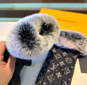 FINGERLESS GLOVES IN BLACK MONOGRAM DENIM AND LAMBSKIN WITH RABBIT FUR 458590