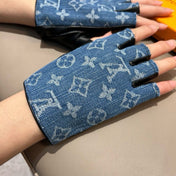FINGERLESS GLOVES IN ELECTRIC BLUE MONOGRAM DENIM AND BLACK LAMBSKIN 460107