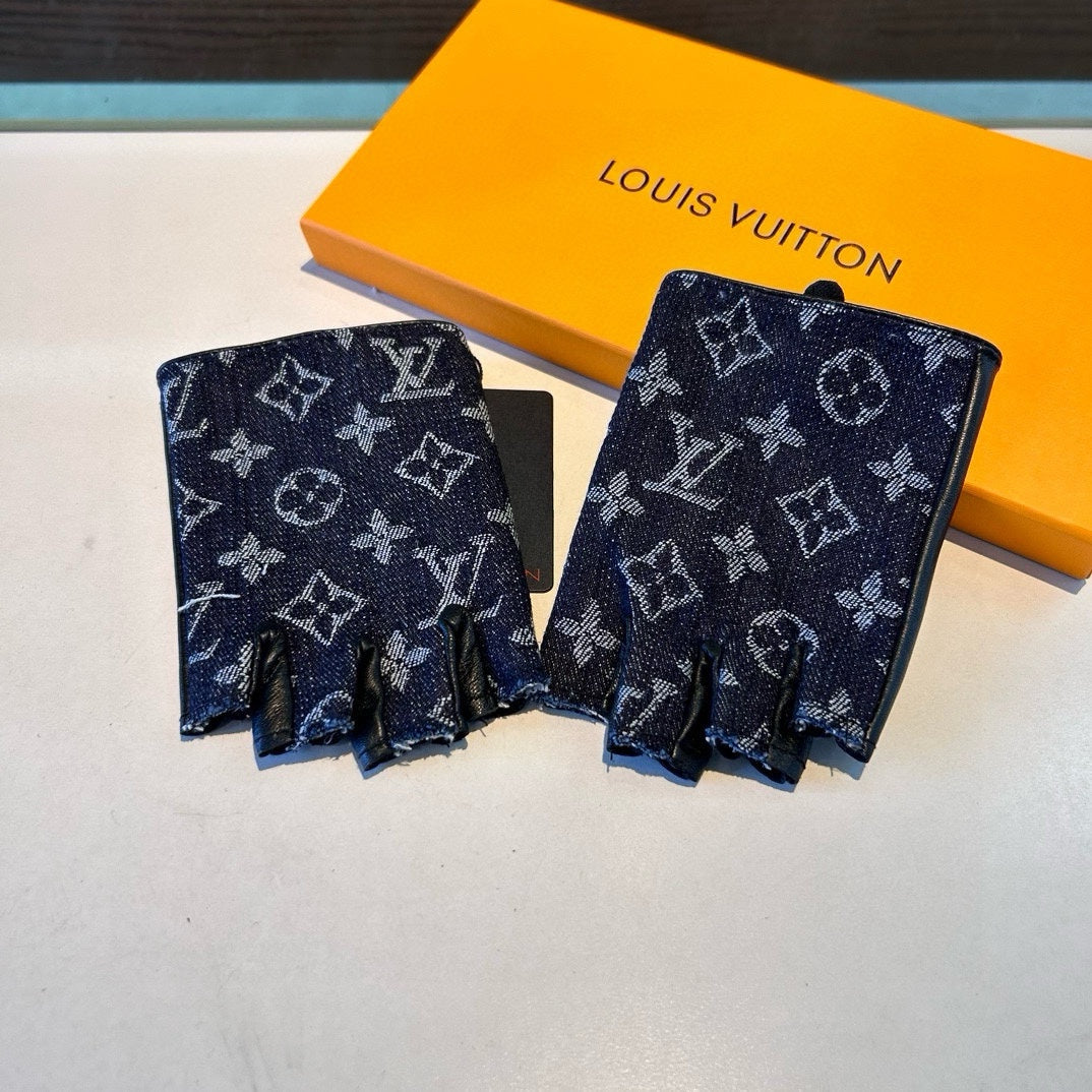 FINGERLESS GLOVES IN BLACK MONOGRAM DENIM AND LAMBSKIN 460108