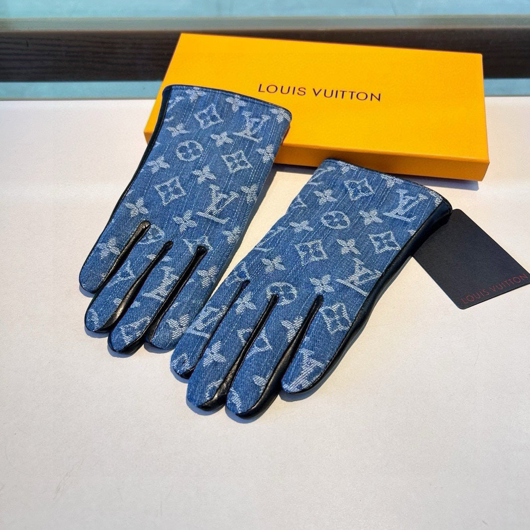 GLOVES IN ELECTRIC BLUE MONOGRAM DENIM AND BLACK LAMBSKIN 460110