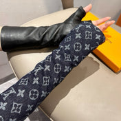 FINGERLESS LONG GLOVES IN BLACK MONOGRAM DENIM AND LAMBSKIN