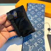 FINGERLESS LONG GLOVES IN AZURE BLUE MONOGRAM DENIM AND BLACK LAMBSKIN