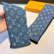 FINGERLESS LONG GLOVES IN AZURE BLUE MONOGRAM DENIM AND BLACK LAMBSKIN