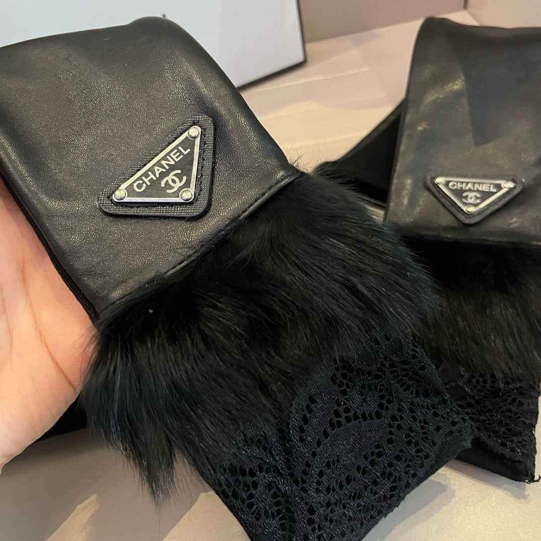 FINGERLESS LONG GLOVES IN BLACK LAMBSKIN WITH RABBIT FUR 465799