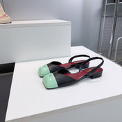 CHANEL 26S FLAT SLINGBACK IN BLACK LAMBSKIN WITH MINT GREEN CAP TOE