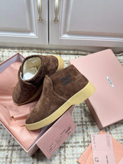 MIUMIU 26S SLIP-ON BOOTIES IN DARK BROWN SUEDE WITH SHEARLING