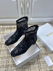 DIOR 26S ANKLE BOOTS 35MM IN BLACK FLORAL LACE MESH BLOCK HEEL