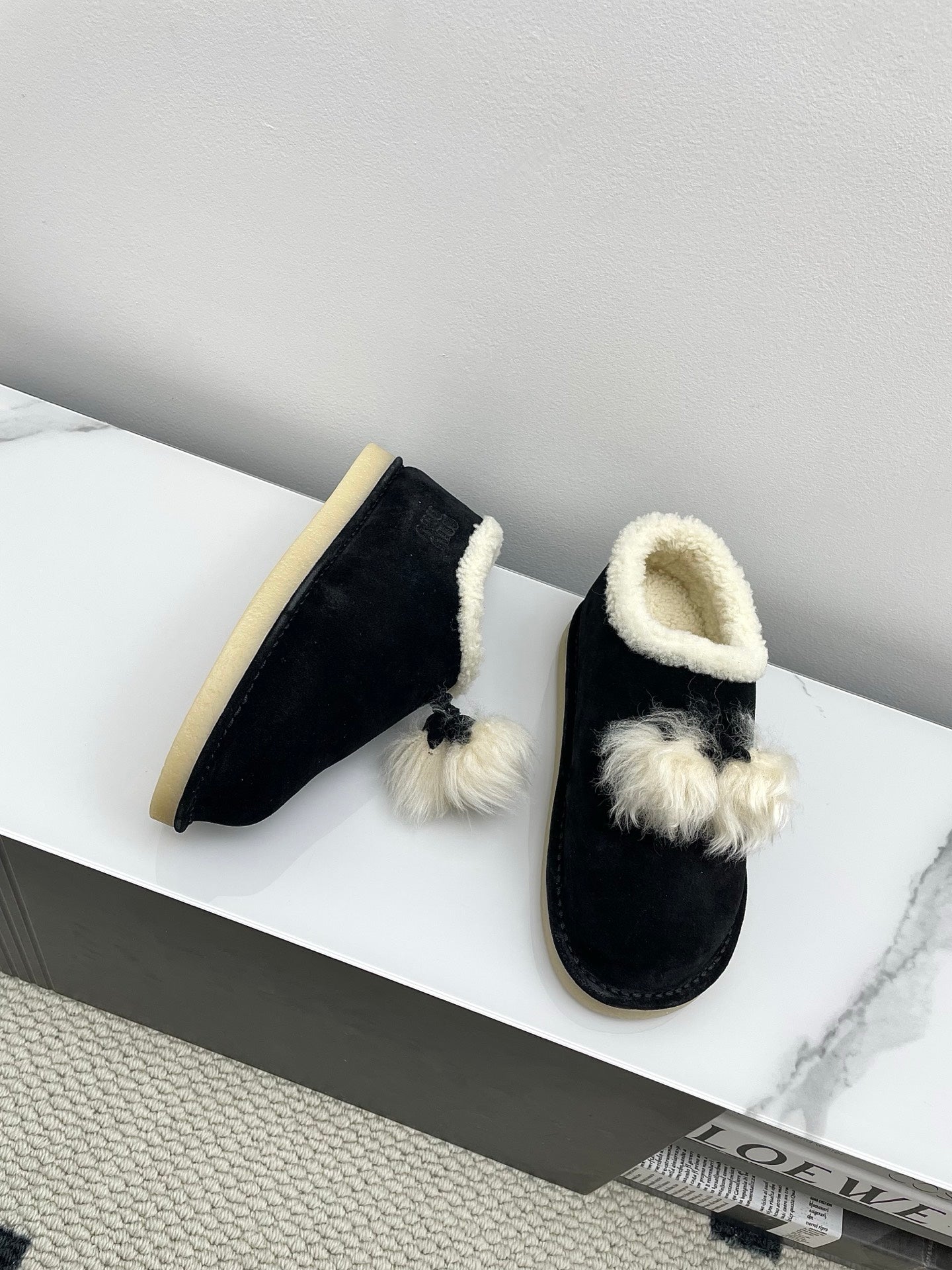 MIUMIU 26S ANKLE SHEARLING BOOTS IN BLACK SUEDE