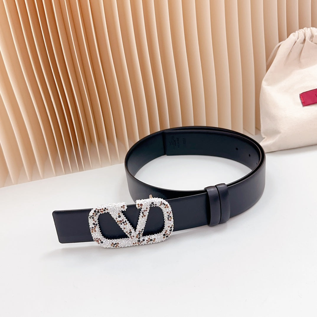 Vlogo Brown Black White Stone Silver Buckle Belt 40mm Black Leather