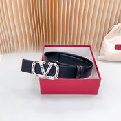 Vlogo Brown Black White Stone Silver Buckle Belt 40mm Black Leather