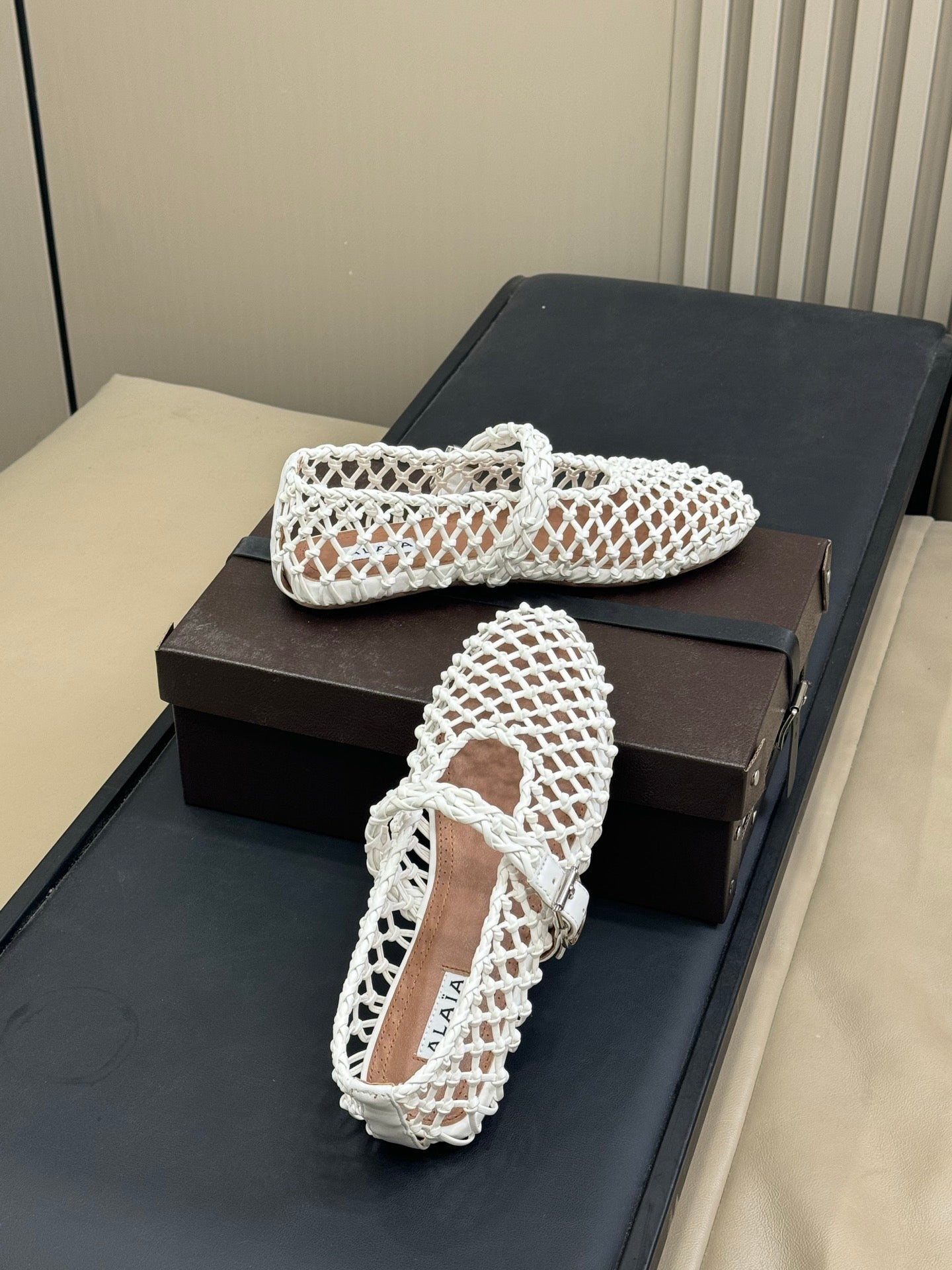 ALAIA MARY JANE FLATS 25S IN WHITE MESH CALSKIN WITH SILVER HARDWARE