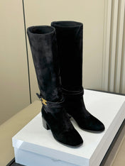 CELINE 26S HIGH-TOP BOOTS IN BLACK SUEDE WITH GOLD HARDWARE