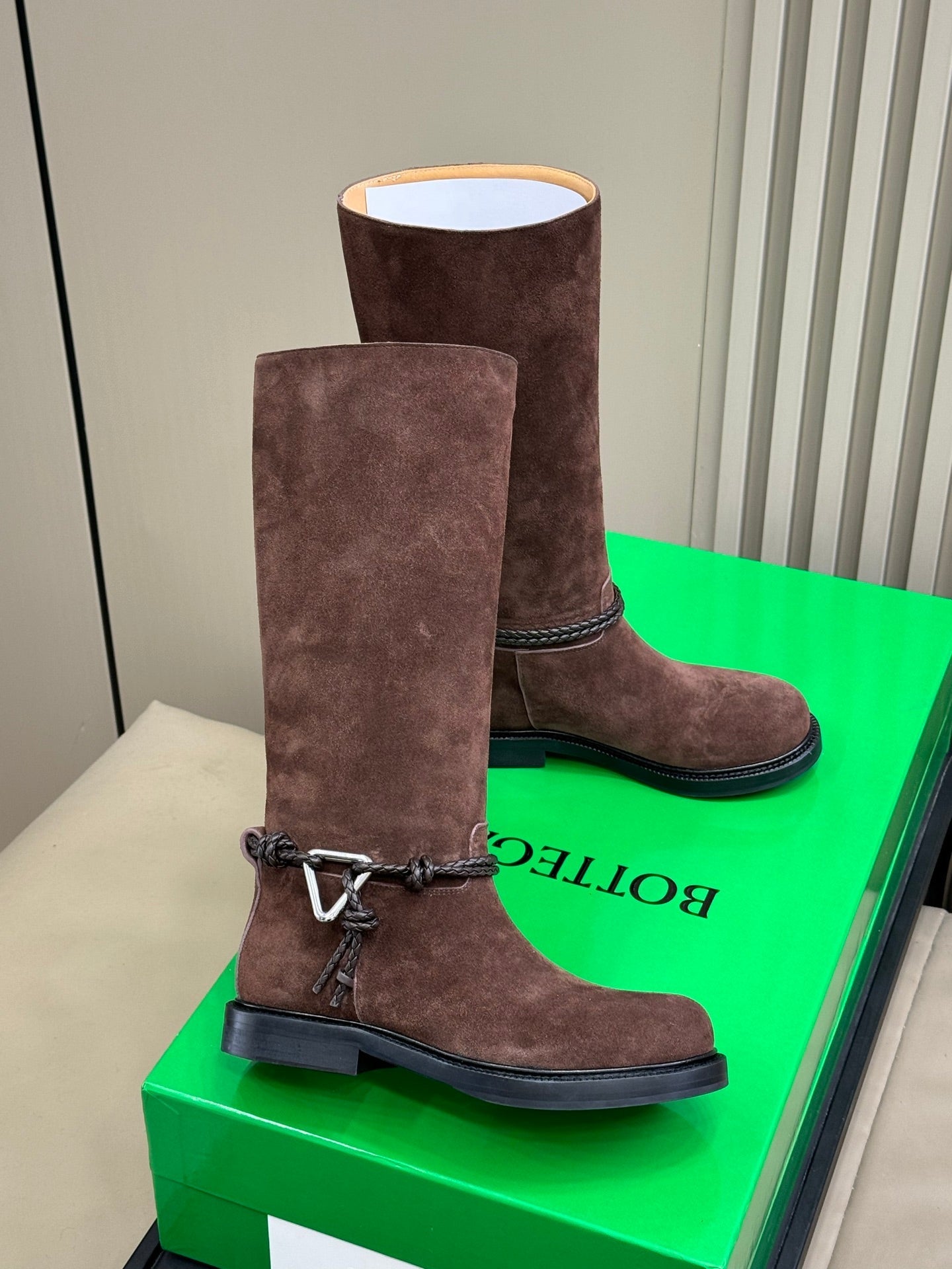 BOTTEGA VENETA 26S TALL BOOTS IN DARK BROWN SUEDE