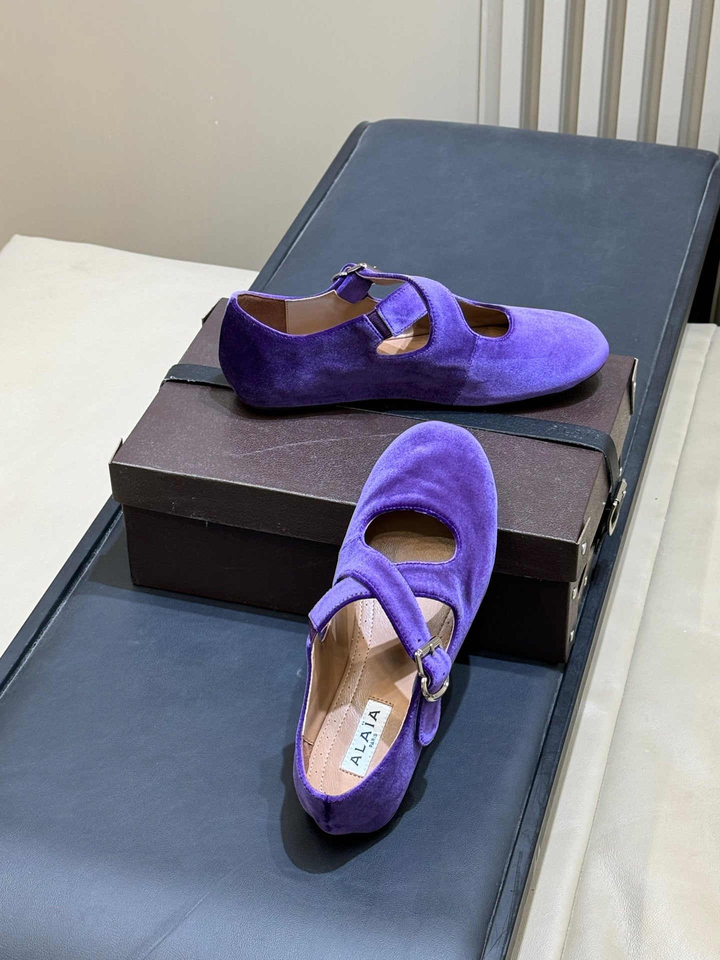 ALAIA 26S MARY JANE BALLET FLATS IN DARK PURPLE VELVET