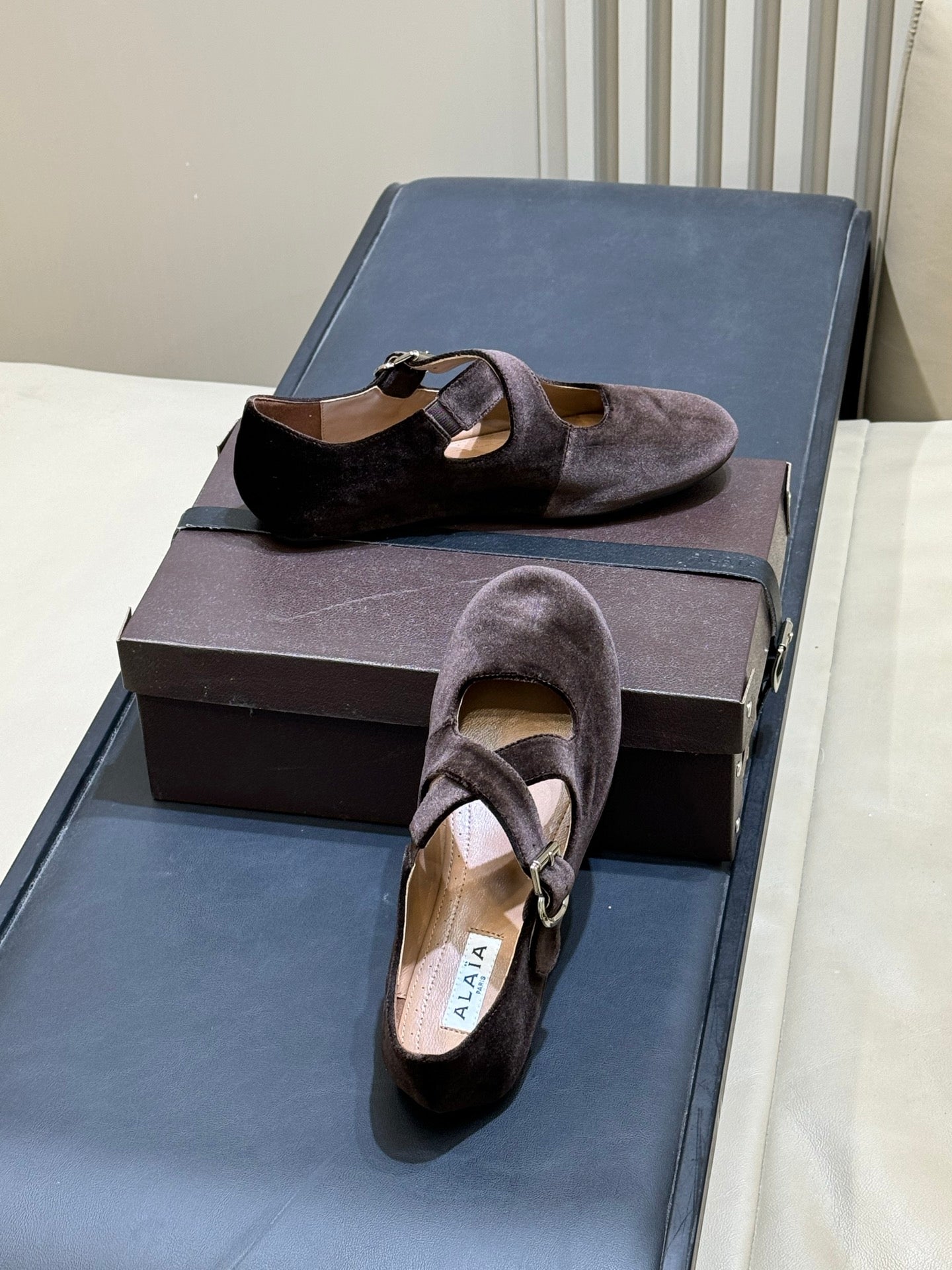 ALAIA 26S MARY JANE BALLET FLATS IN DARK BROWN VELVET