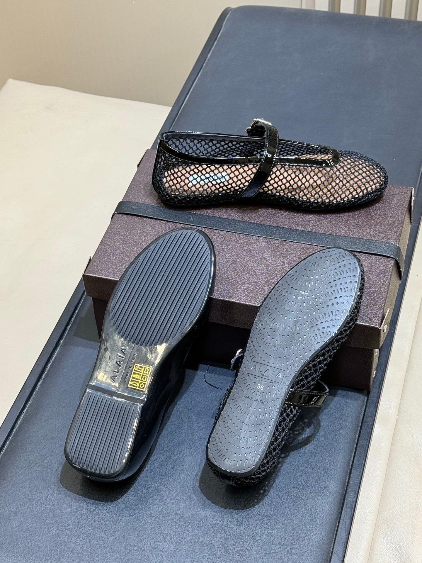 ALAIA 26S MARY JANE BALLET FLATS IN BLACK MESH AND GLOSSY CALFSKIN