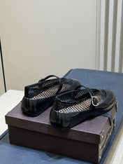 ALAIA 26S MARY JANE BALLET FLATS IN BLACK MESH AND GLOSSY CALFSKIN