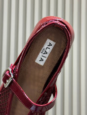 ALAIA 26S MARY JANE BALLET FLATS IN RED MESH AND GLOSSY CALFSKIN