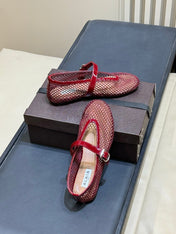 ALAIA 26S MARY JANE BALLET FLATS IN RED MESH AND GLOSSY CALFSKIN