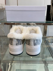 ALK'N PLATFORM SNEAKER PALE GRAY COTTON EMBROIDERED WITH OBLIQUE MOTIF AND WHITE SHEARLING