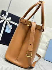 PRADA 25S BUCKLE MEDIUM HANDBAG 35 IN DARK CARAMEL CALFSKIN GOLD HARDWRE