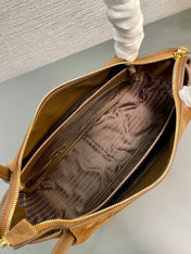 SHOULDER BAG 28 IN TAWNY BROWN SUEDE GOLD LOGO
