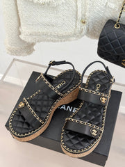 THICK-SOLED CHAIN HEART SANDAL IN BLACK LAMBSKIN