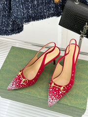 HIGH SLINGBACK 8.5 CM IN RED FABRIC WITH RHINESTONE EMBELLISHMENTS