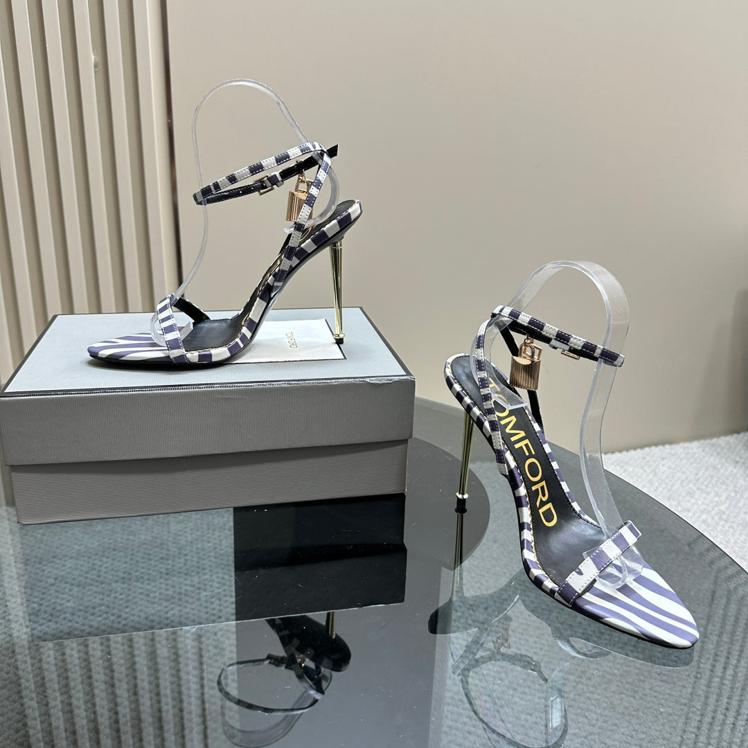 PADLOCK POINTY NAKED SANDAL 10 CM IN WHITE MIX IRIS PURPLE CALFSKIN