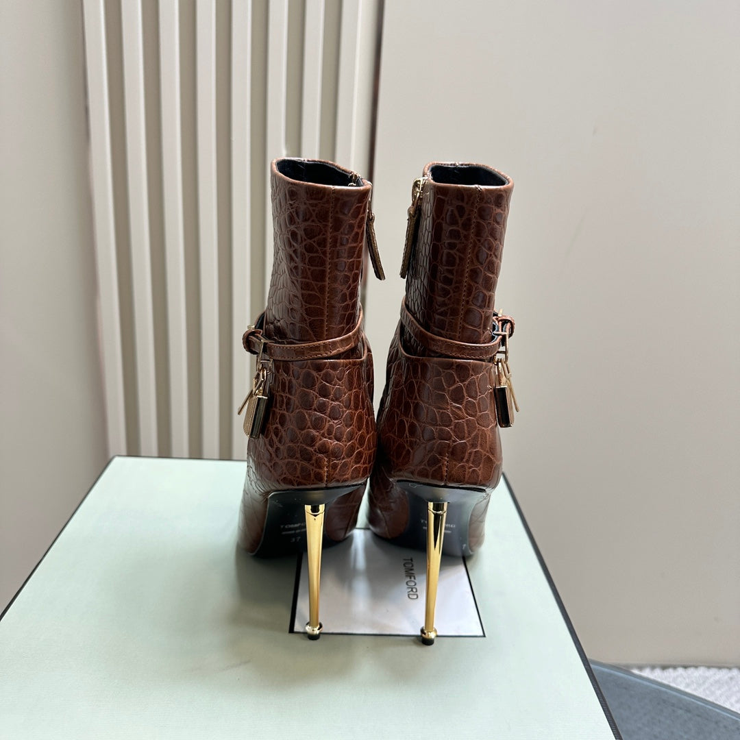 PADLOCK 10 CM ANKLE BOOTS IN PENNY BROWN CROCODILE-EMBOSSED CALFSKIN
