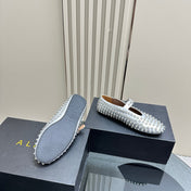 ALAIA CRYSTAL EMBELLISHED BALLET FLATS IN SILVER CALFSKIN