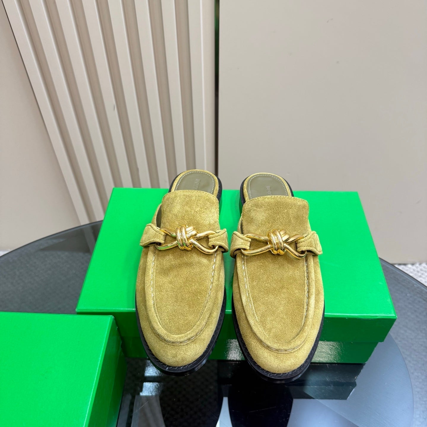 ASTAIRE MULE IN OLIVE GREEN SUEDE WITH GOLD HARDWARE