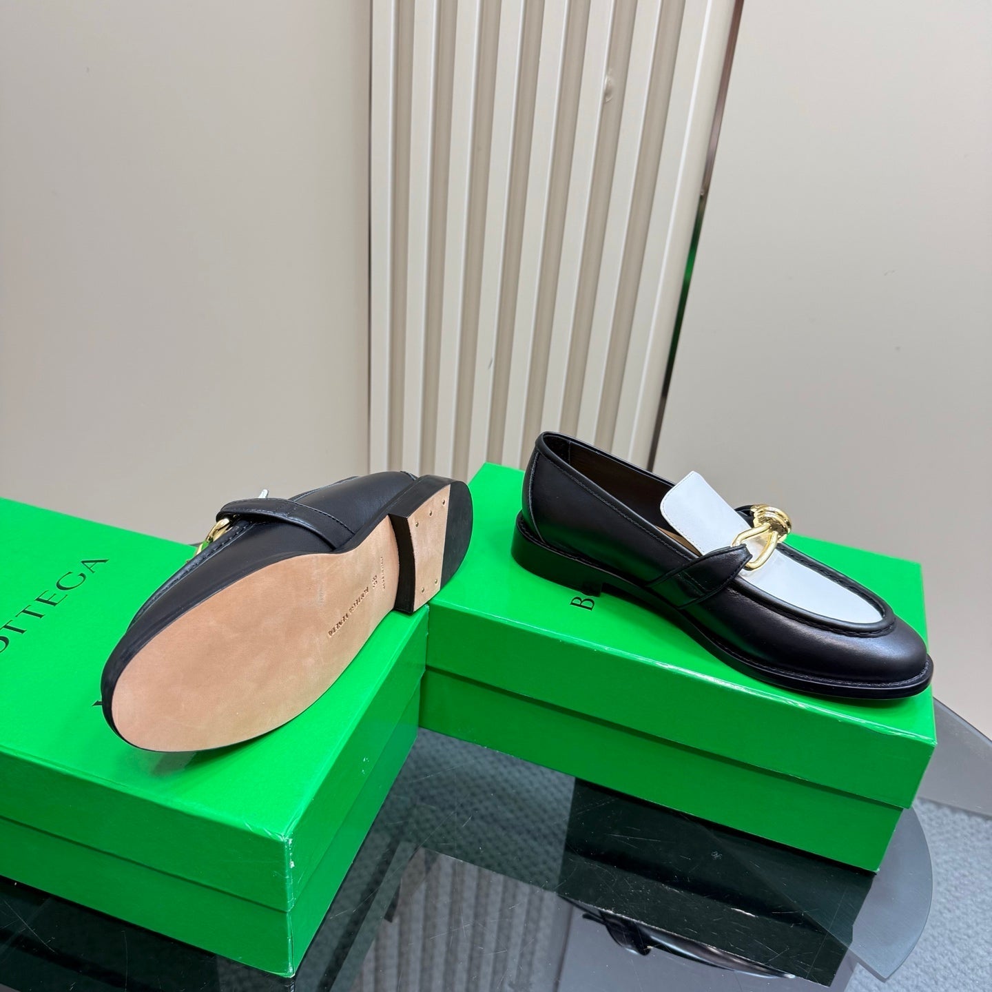 ASTAIRE LOAFER IN WHITE MIX BLACK CALFSKIN WITH GOLD HARDWARE