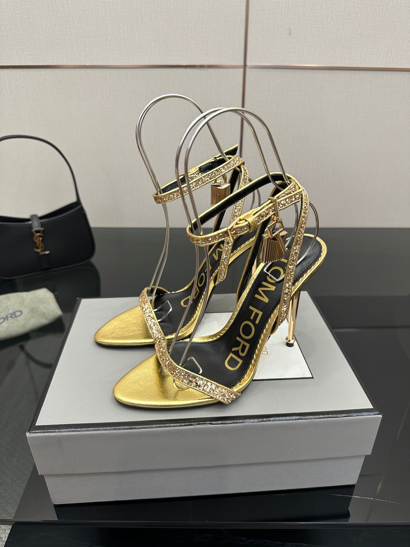 TOM FORD 26S HEELED SANDALS 100 MM IN METALLIC GOLD CALFSKIN