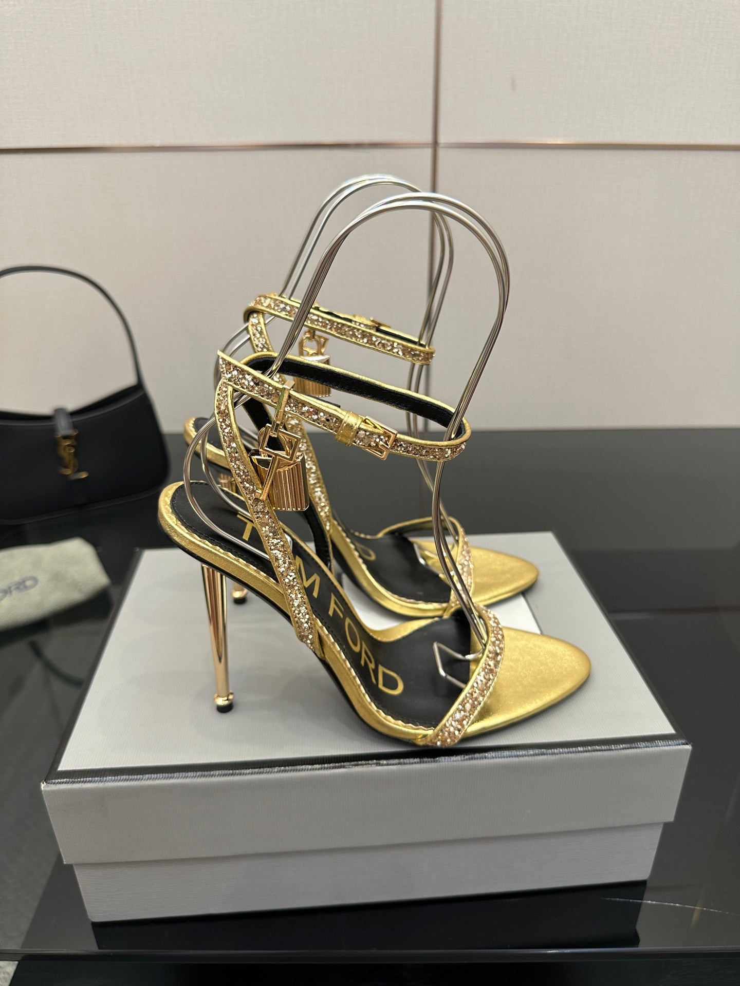 TOM FORD 26S HEELED SANDALS 100 MM IN METALLIC GOLD CALFSKIN