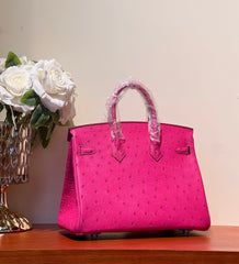 KELLY SELLIER 25 BAG IN BRIGHT PINK OSTRICH LEATHER WITH SILVER HARDWARE