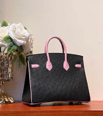 KELLY  SELLIER 25 BAG IN BLACK MIX BABY PINK OSTRICH LEATHER