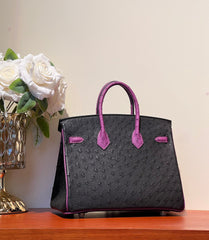 KELLY  SELLIER 25 BAG IN BLACK MIX ORCHID PURPLE OSTRICH LEATHER