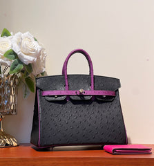 KELLY  SELLIER 25 BAG IN BLACK MIX ORCHID PURPLE OSTRICH LEATHER