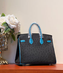 KELLY  SELLIER 25 BAG IN BLACK MIX OCEAN BLUE OSTRICH LEATHER