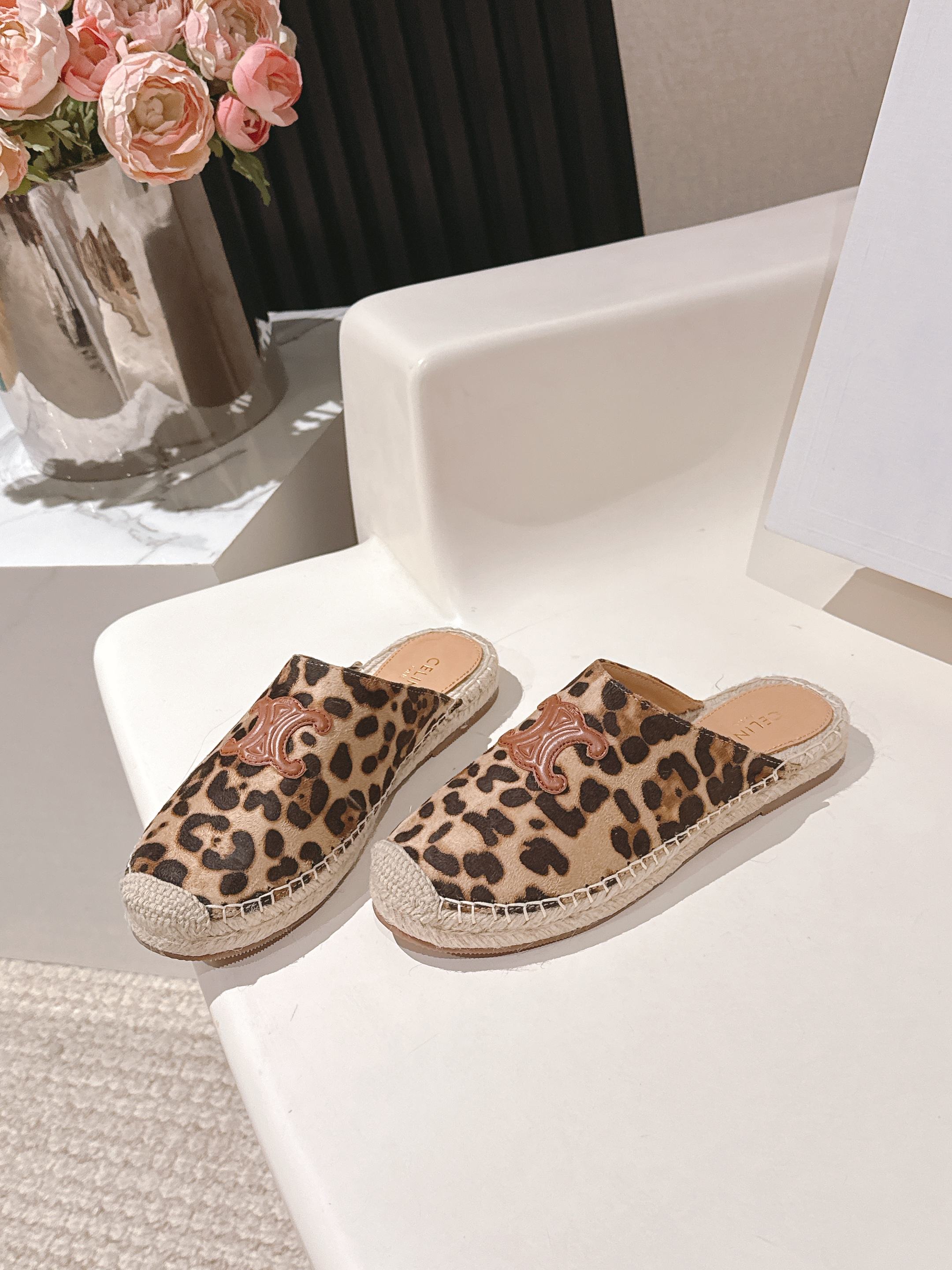 CELINE 25S LES ESPADRILLES MULE IN LEOPARD PRINTED HAIRY CALFSKIN
