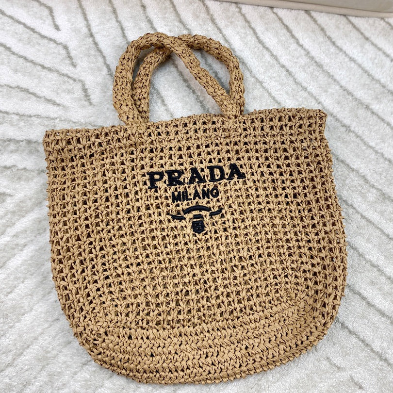 EMBROIDED LOGO TOTE BAG 38 IN BEIGE WOVEN RAFFIA