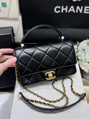 PEARL LIMITED EDITION FLAP BAG WITH HANDLE 20 IN BLACK LAMBSKIN