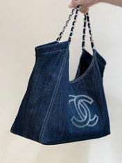 CHANEL 25S VINTEGA DENIM TOTE BAG 48 IN BLUE DENIM SILVER HARDWARE